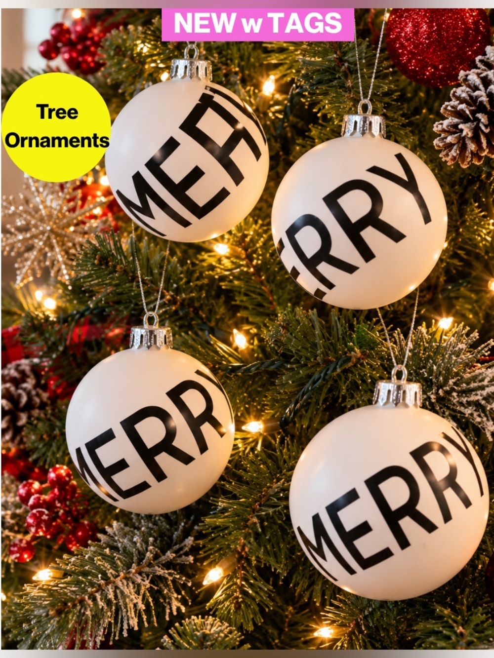 NEW w TAGS 🏷️ MERRY White Holiday Ornaments (4 pack)